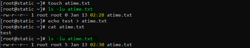 دستور ls در لینوکس برای نمایش atime یک فایل با گزینه u