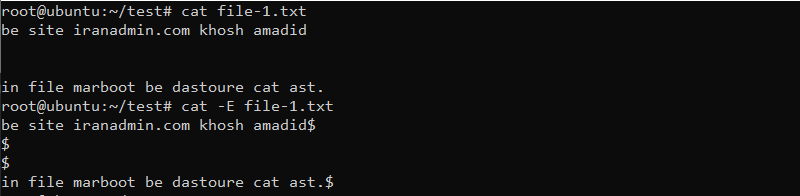 دستور cat در لینوکس با گزینه e جهت نمایش $ در انتهای هر خط در فایل