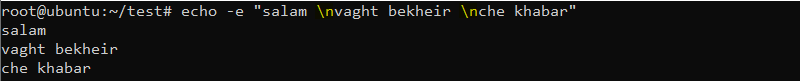 دستور echo در لینوکس با گزینه های e و n برای ایجاد خط جدید در رشته متنی