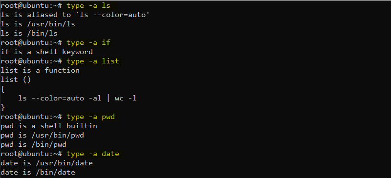 دستور type در لینوکس با گزینه a جهت نمایش تمامی اطلاعات نوع دستور